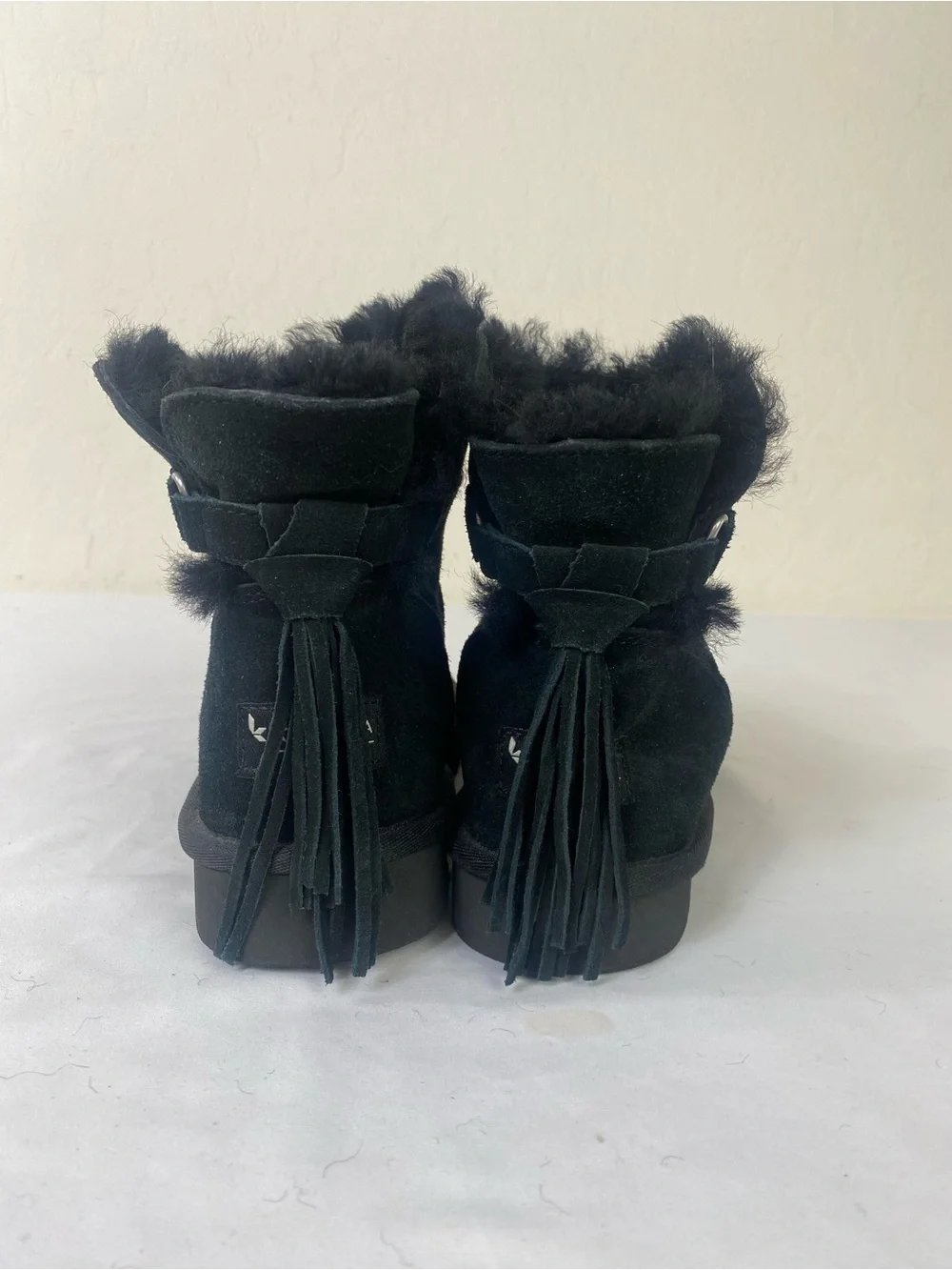 Koolaburra Black Suede Shearling Tassel Ankle Boots